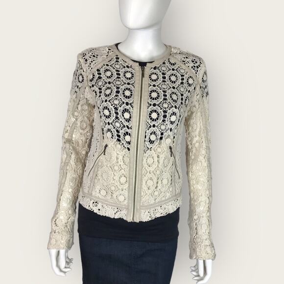Beige Crocheted Lace Cardigan Full Zip Cotton Cream by Chelsea28 - Picture 3 of 10